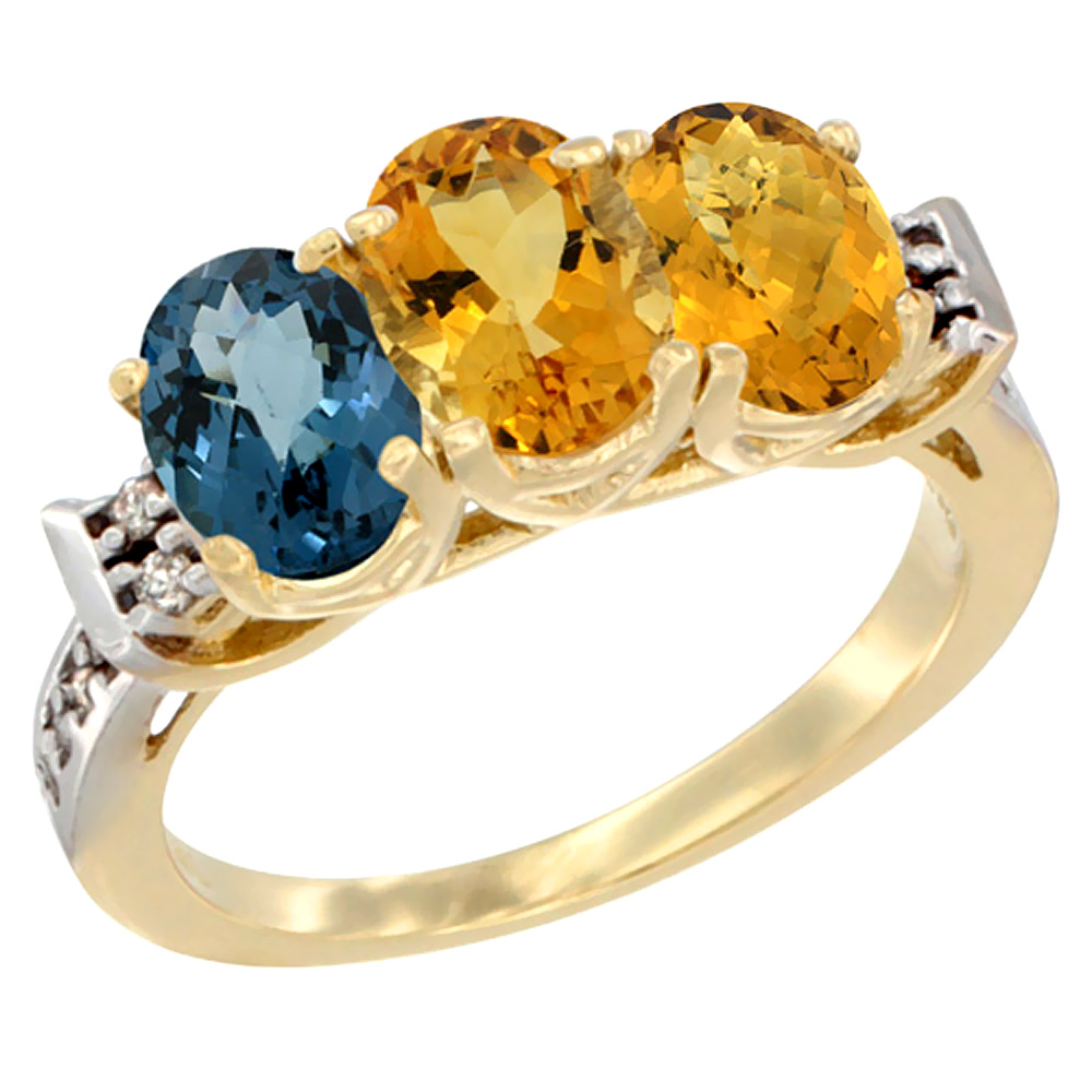 14K Yellow Gold Natural London Blue Topaz, Citrine & Whisky Quartz Ring 3-Stone 7x5 mm Oval Diamond Accent, sizes 5 - 10