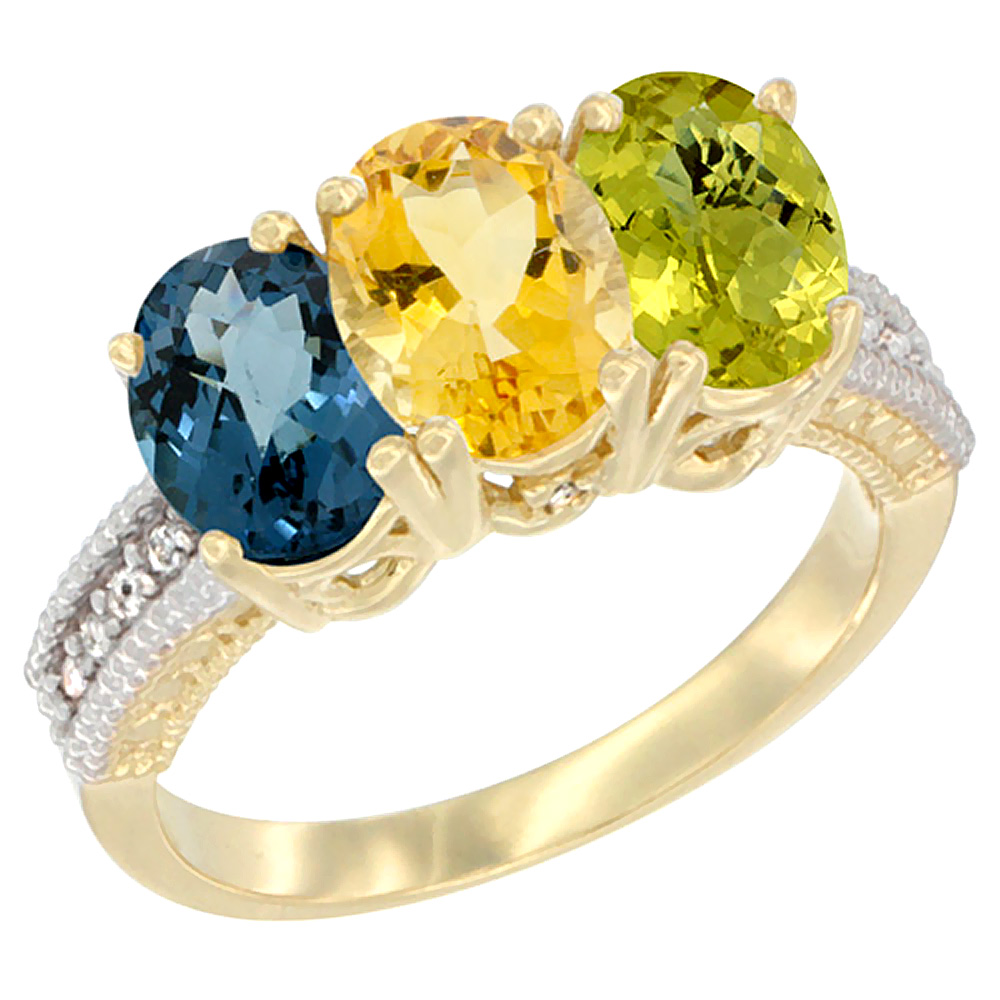 10K Yellow Gold Diamond Natural London Blue Topaz, Citrine & Lemon Quartz Ring 3-Stone Oval 7x5 mm, sizes 5 - 10