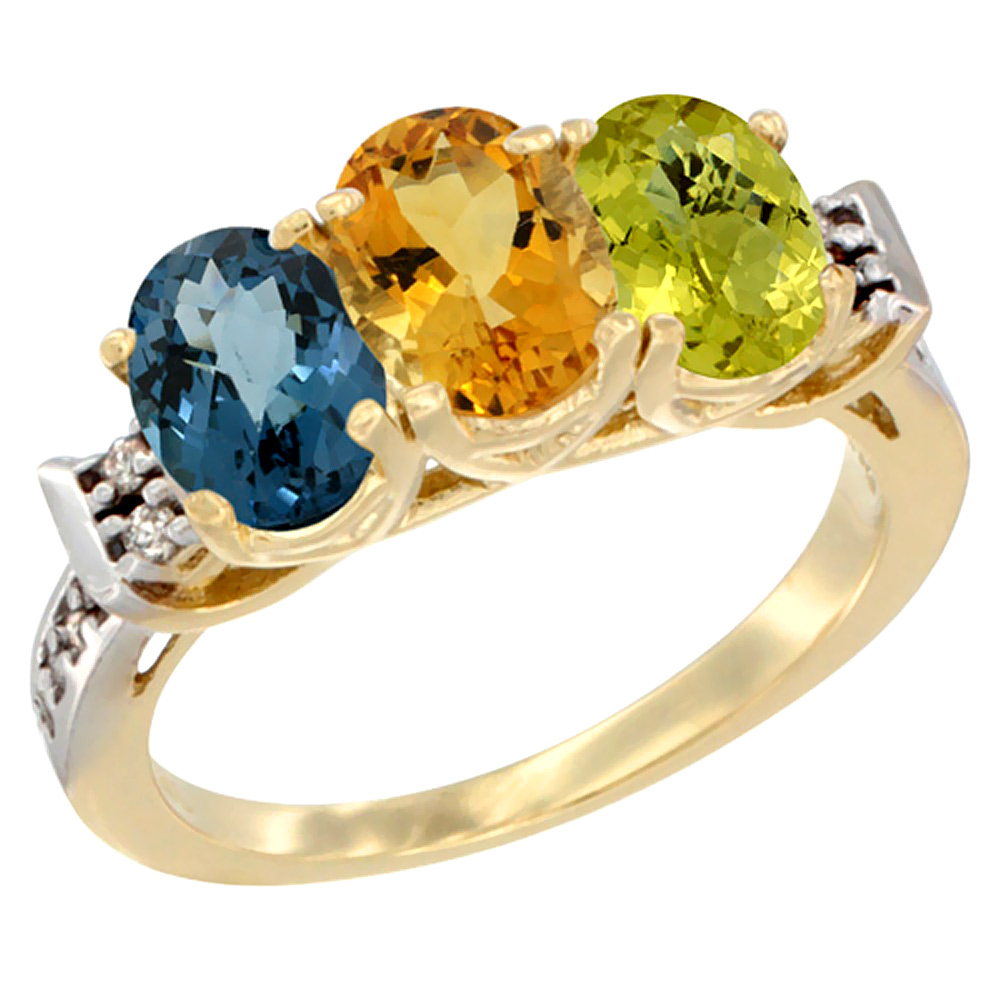 10K Yellow Gold Natural London Blue Topaz, Citrine &amp; Lemon Quartz Ring 3-Stone Oval 7x5 mm Diamond Accent, sizes 5 - 10