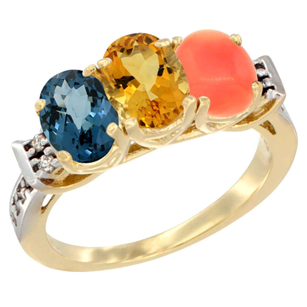 10K Yellow Gold Natural London Blue Topaz, Citrine & Coral Ring 3-Stone Oval 7x5 mm Diamond Accent, sizes 5 - 10