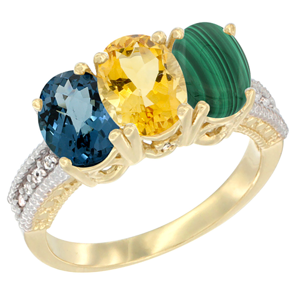 14K Yellow Gold Natural London Blue Topaz, Citrine &amp; Malachite Ring 3-Stone 7x5 mm Oval Diamond Accent, sizes 5 - 10