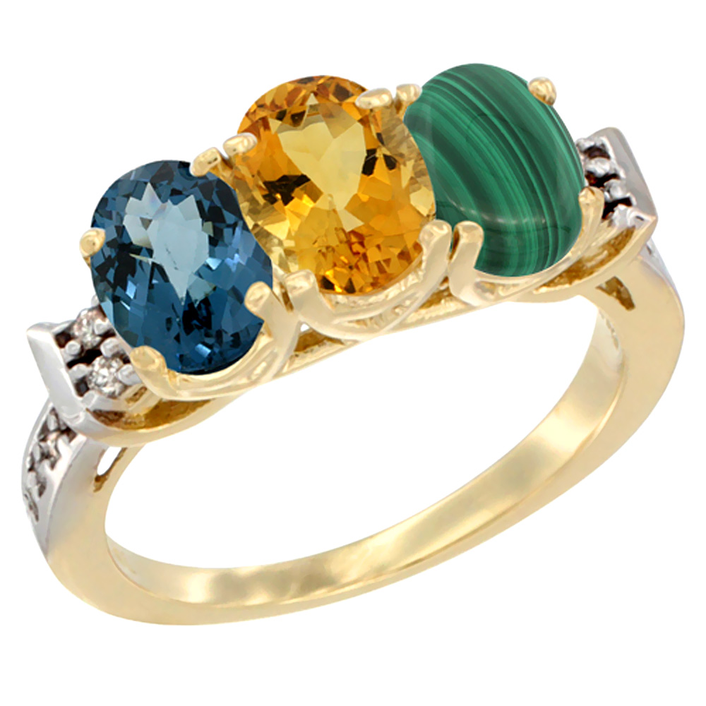 14K Yellow Gold Natural London Blue Topaz, Citrine &amp; Malachite Ring 3-Stone 7x5 mm Oval Diamond Accent, sizes 5 - 10