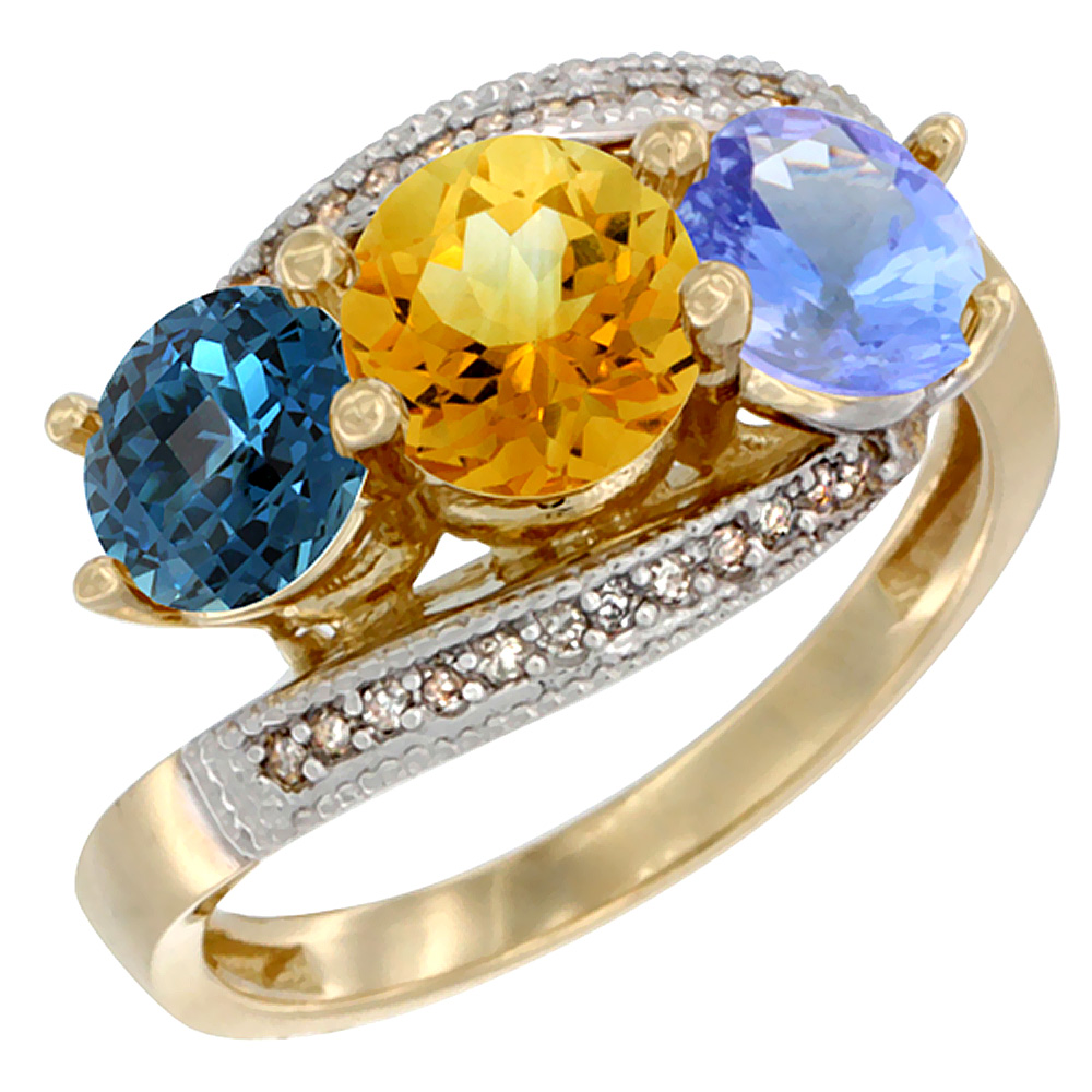 14K Yellow Gold Natural London Blue Topaz, Citrine & Tanzanite 3 stone Ring Round 6mm Diamond Accent, sizes 5 - 10