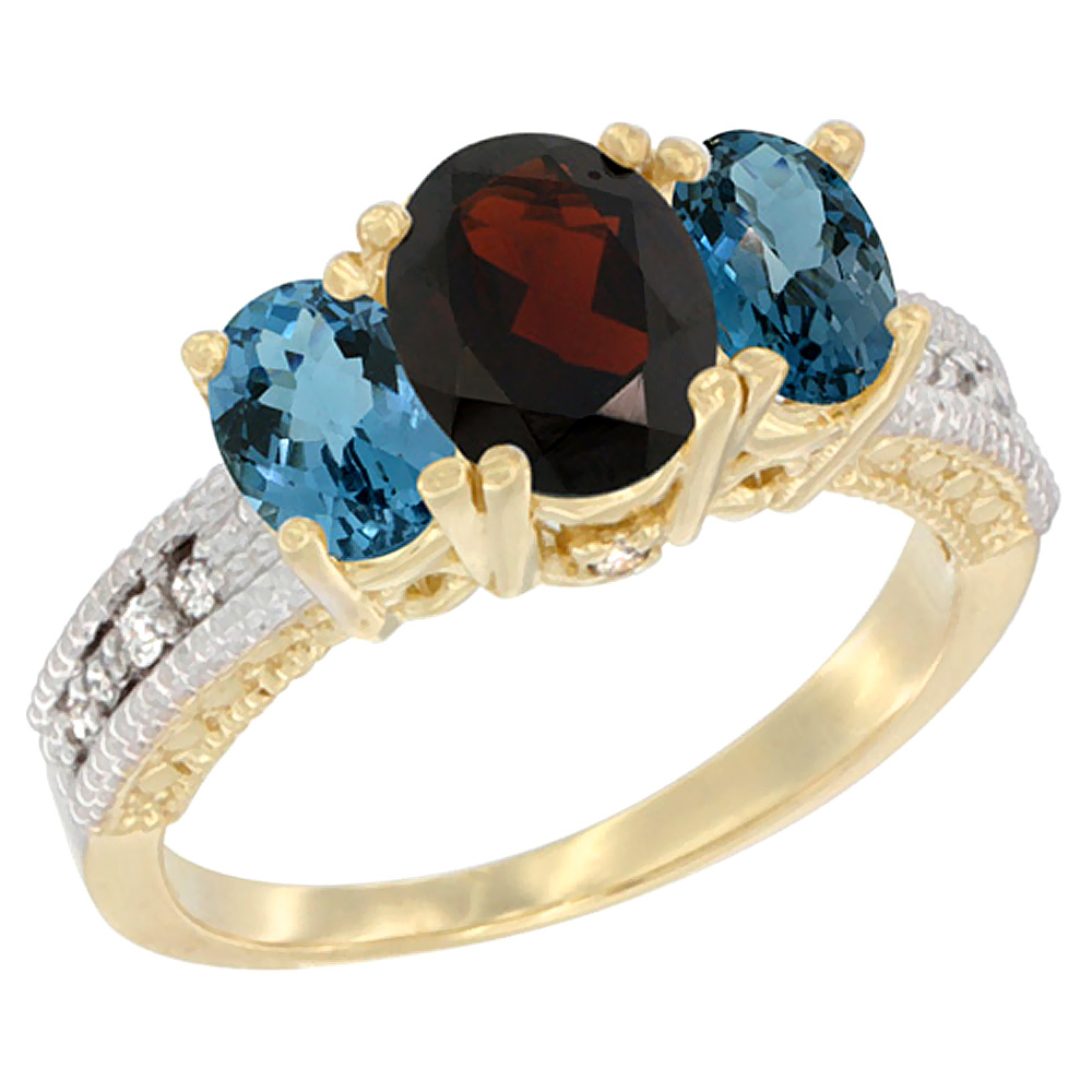 10K Yellow Gold Diamond Natural Garnet Ring Oval 3-stone with London Blue Topaz, sizes 5 - 10