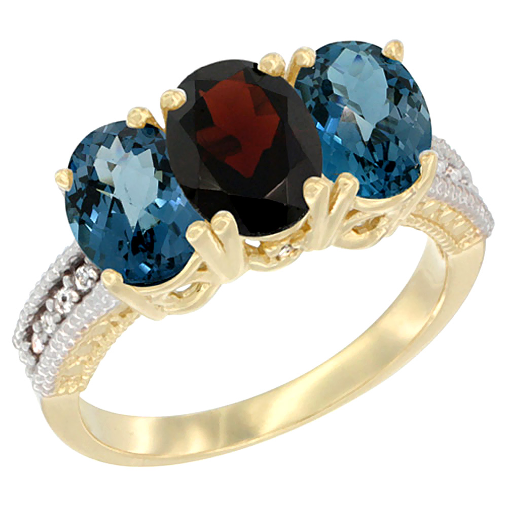14K Yellow Gold Natural Garnet & London Blue Topaz Sides Ring 3-Stone 7x5 mm Oval Diamond Accent, sizes 5 - 10