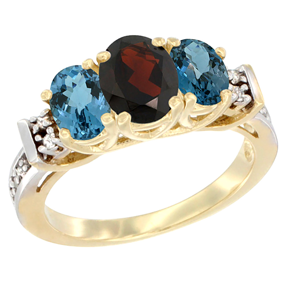 14K Yellow Gold Natural Garnet & London Blue Ring 3-Stone Oval Diamond Accent