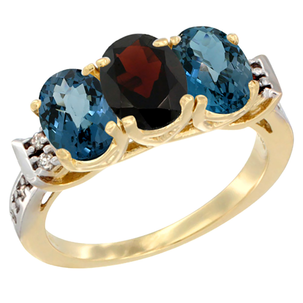 14K Yellow Gold Natural Garnet & London Blue Topaz Sides Ring 3-Stone 7x5 mm Oval Diamond Accent, sizes 5 - 10