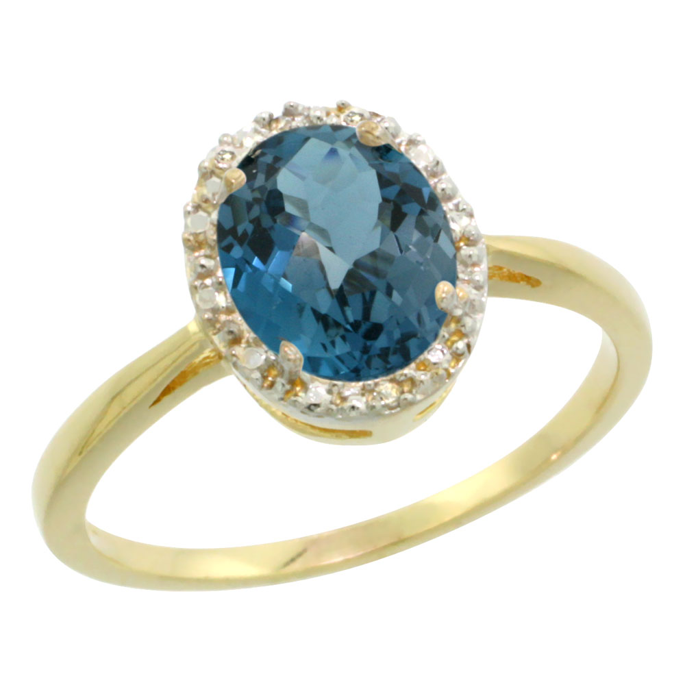 14K Yellow Gold Natural London Blue Topaz Diamond Halo Ring Oval 8X6mm, sizes 5 - 10
