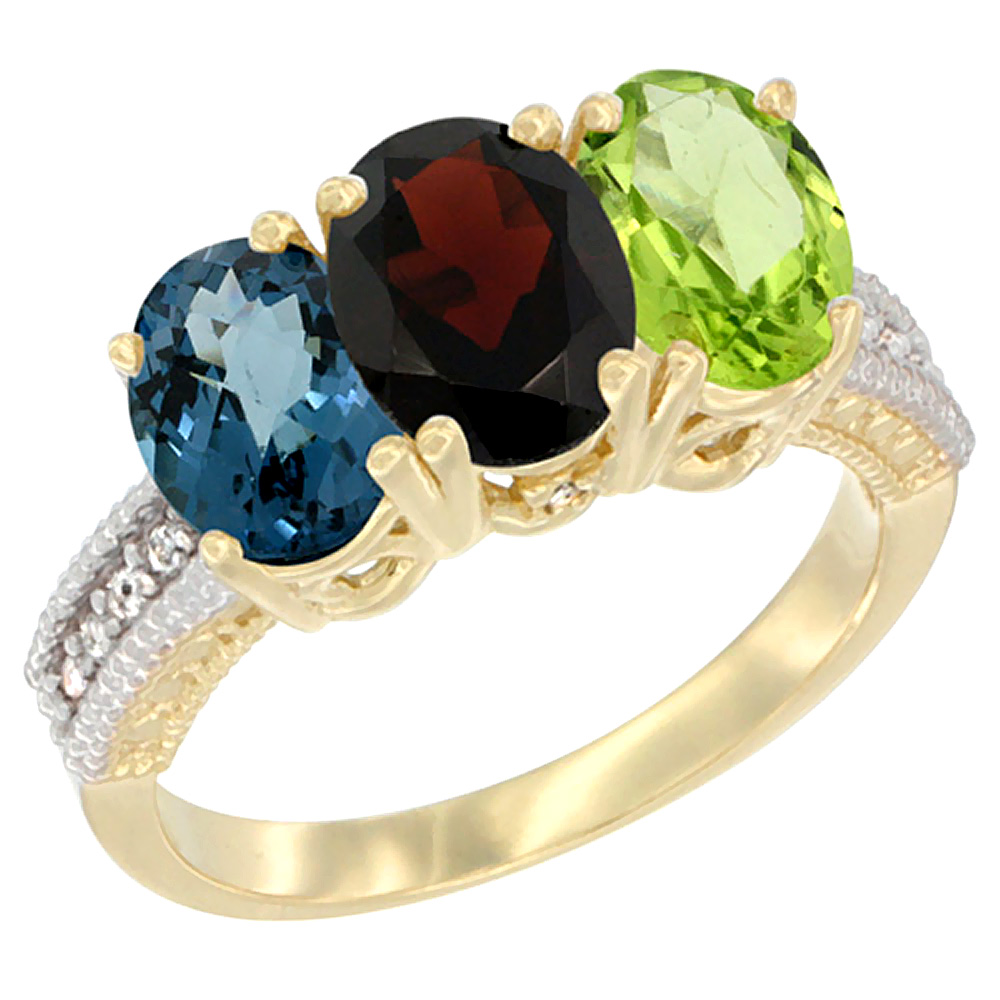 10K Yellow Gold Diamond Natural London Blue Topaz, Garnet &amp; Peridot Ring 3-Stone Oval 7x5 mm, sizes 5 - 10