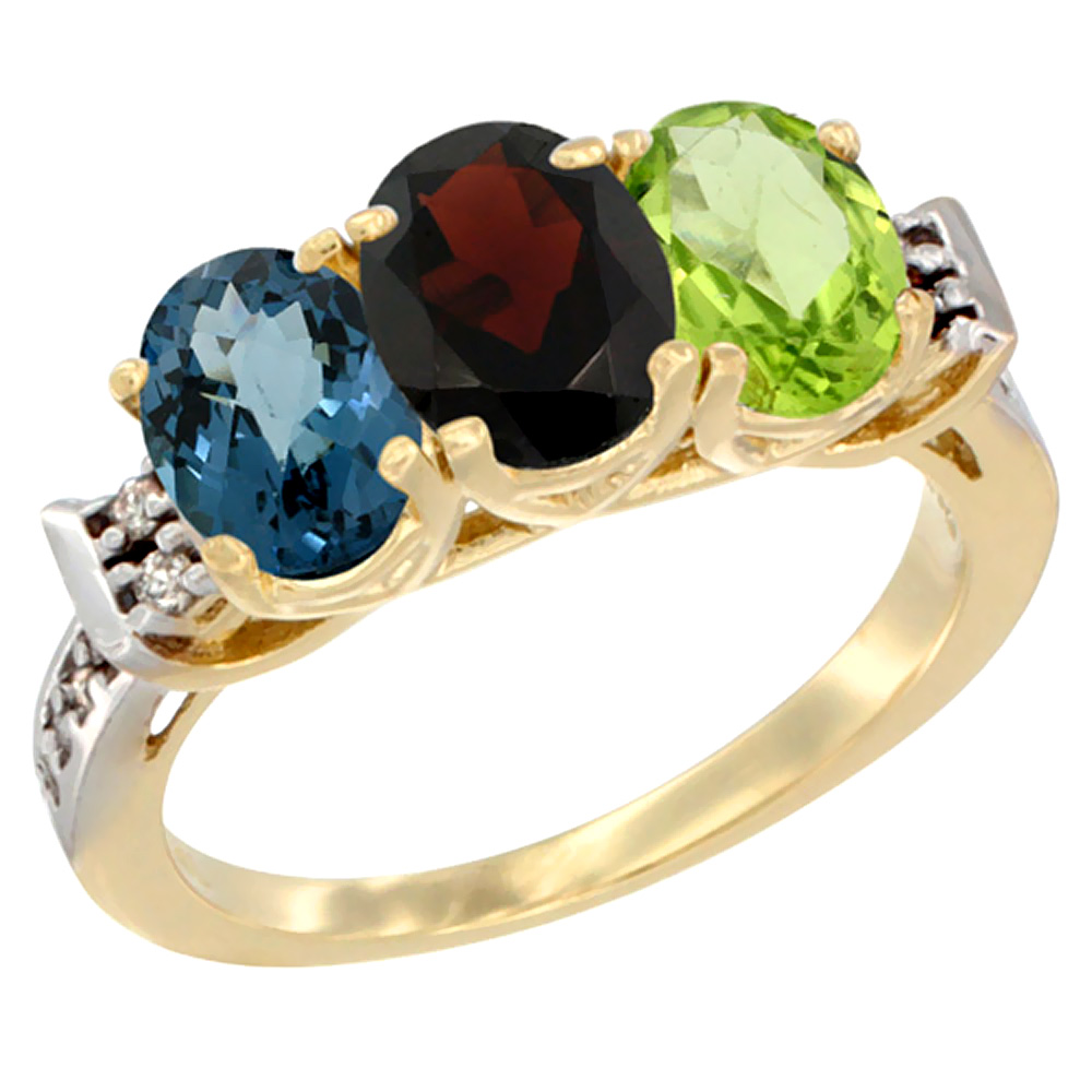 10K Yellow Gold Natural London Blue Topaz, Garnet & Peridot Ring 3-Stone Oval 7x5 mm Diamond Accent, sizes 5 - 10