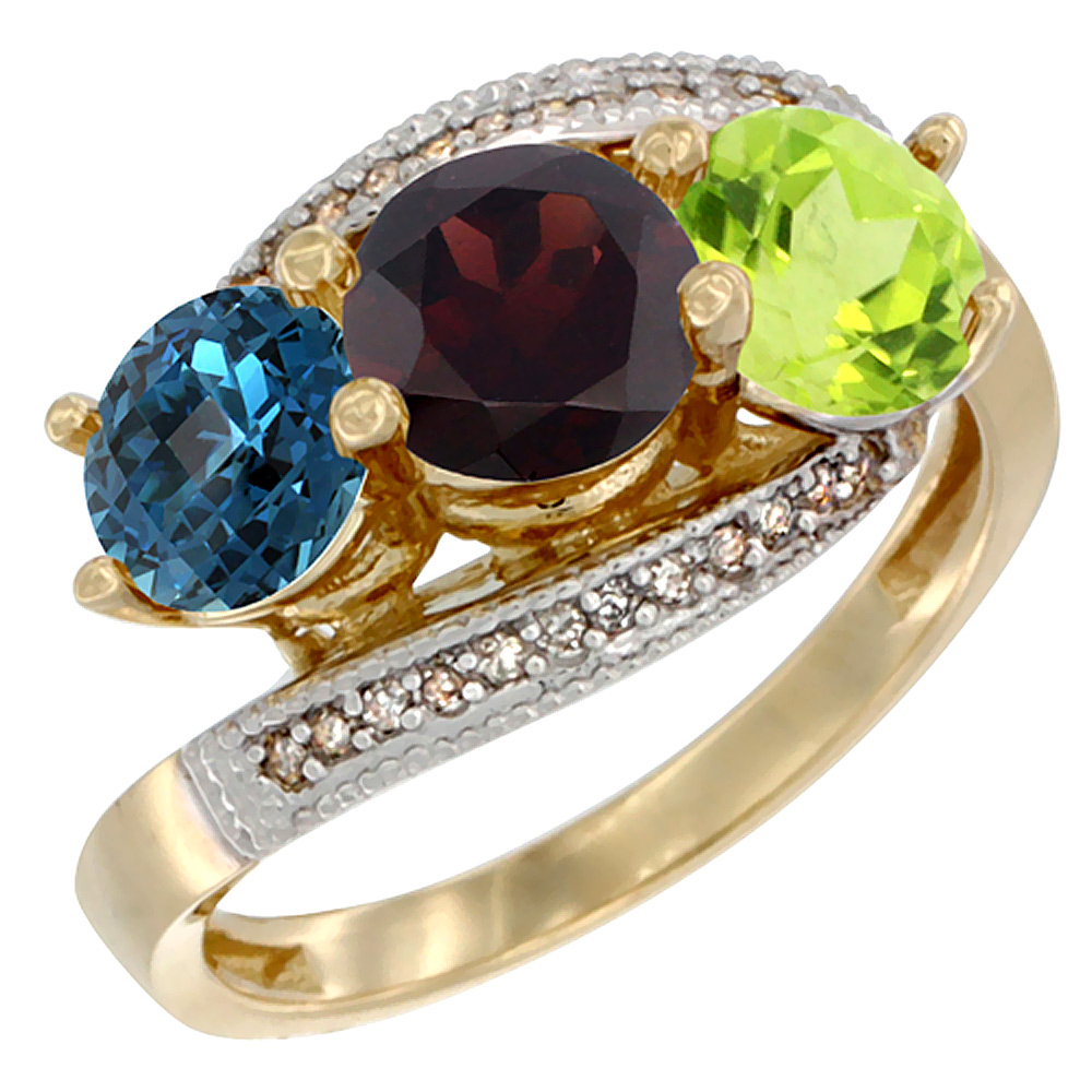 14K Yellow Gold Natural London Blue Topaz, Garnet & Peridot 3 stone Ring Round 6mm Diamond Accent, sizes 5 - 10