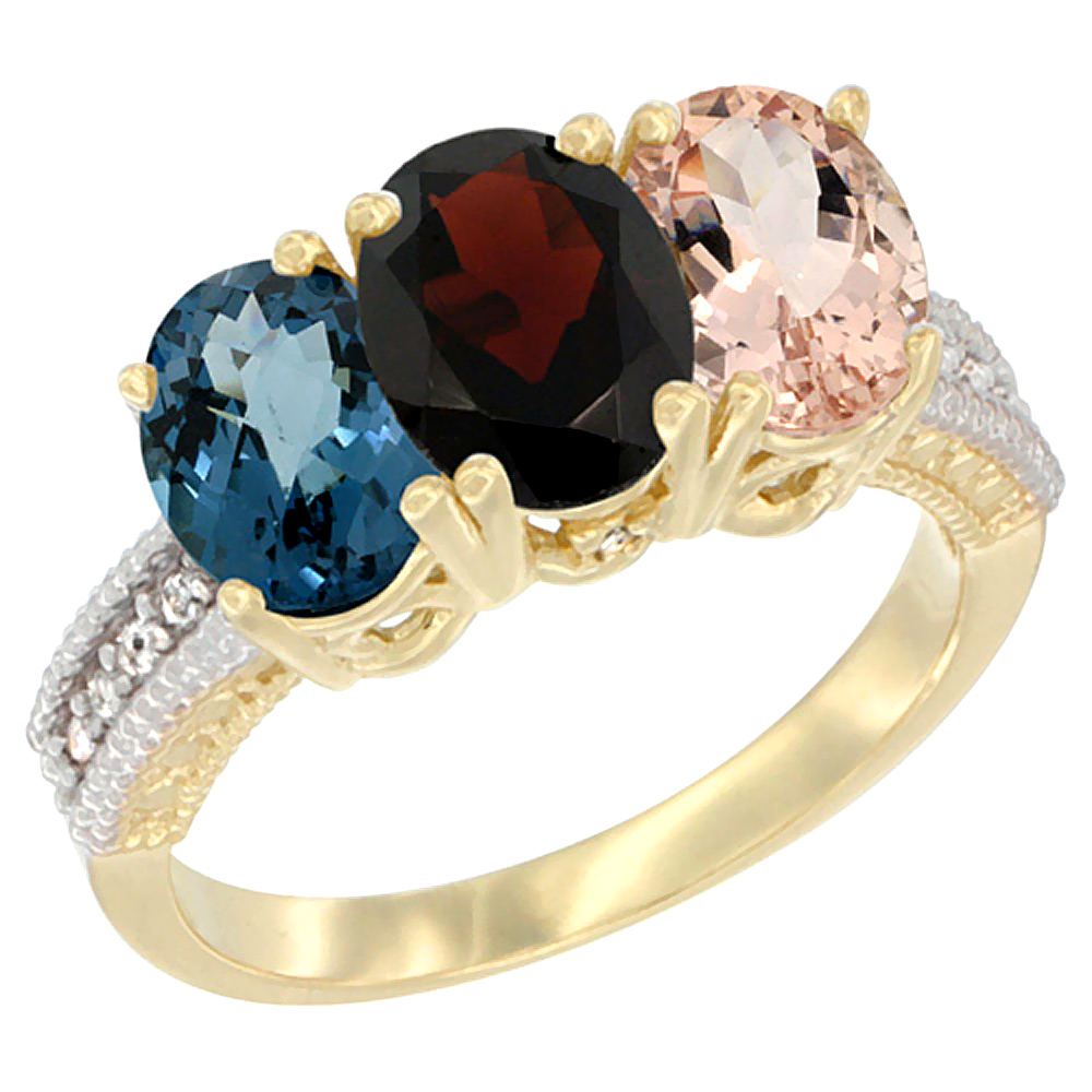 10K Yellow Gold Diamond Natural London Blue Topaz, Garnet &amp; Morganite Ring 3-Stone Oval 7x5 mm, sizes 5 - 10