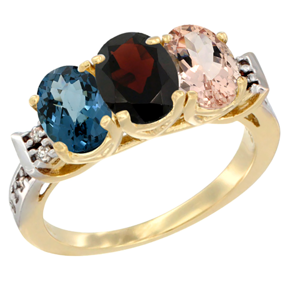 10K Yellow Gold Natural London Blue Topaz, Garnet &amp; Morganite Ring 3-Stone Oval 7x5 mm Diamond Accent, sizes 5 - 10