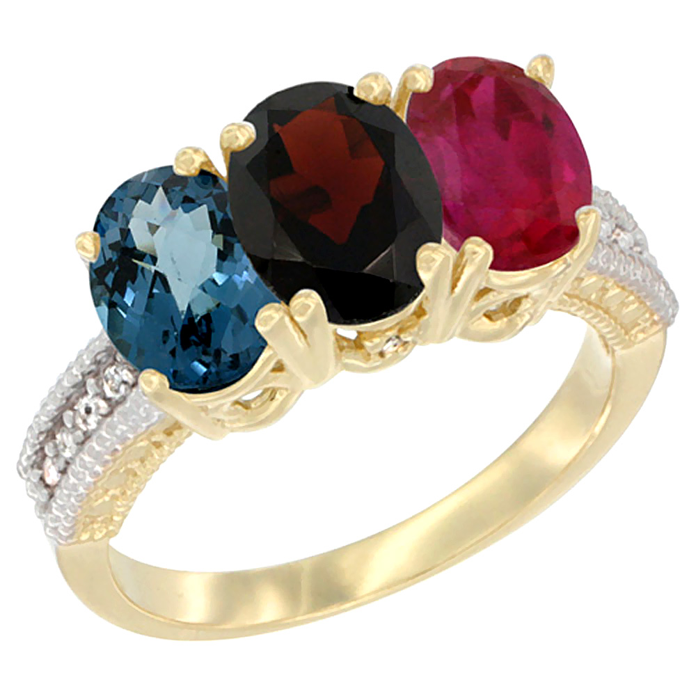 10K Yellow Gold Diamond Natural London Blue Topaz, Garnet & Ruby Ring 3-Stone Oval 7x5 mm, sizes 5 - 10