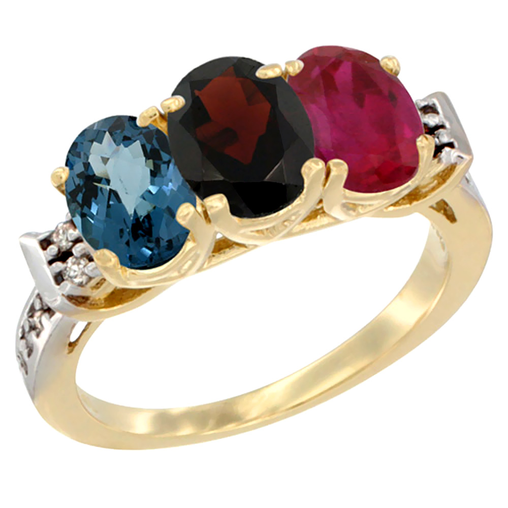 14K Yellow Gold Natural London Blue Topaz, Garnet & Enhanced Ruby Ring 3-Stone 7x5 mm Oval Diamond Accent, sizes 5 - 10