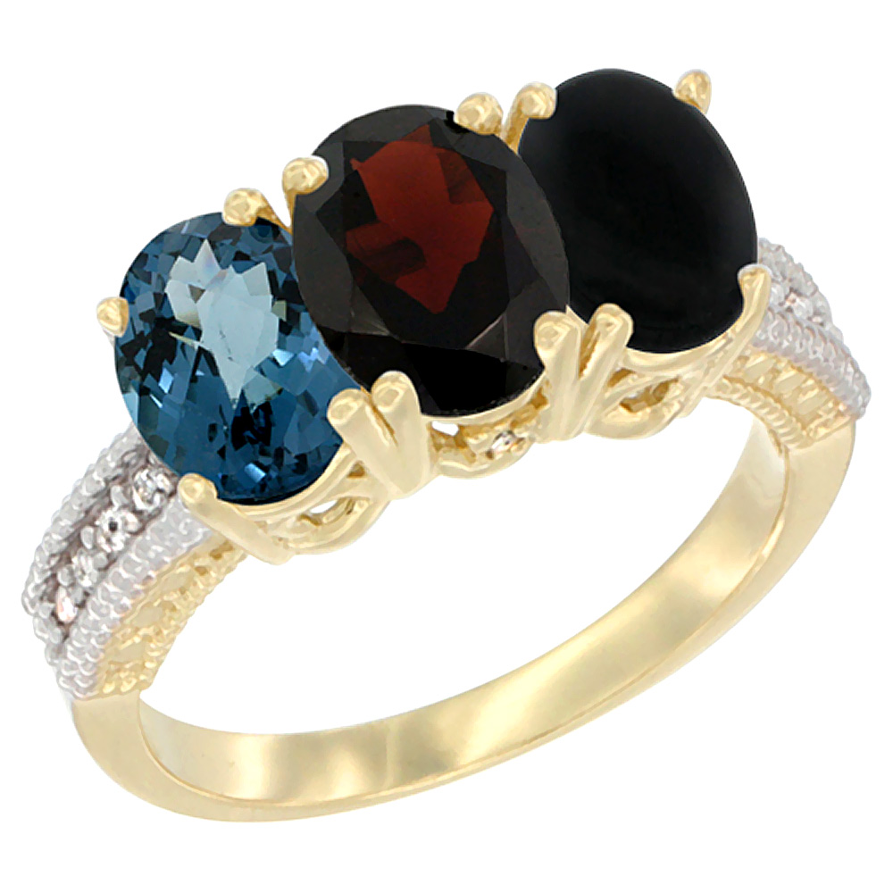 14K Yellow Gold Natural London Blue Topaz, Garnet & Black Onyx Ring 3-Stone 7x5 mm Oval Diamond Accent, sizes 5 - 10