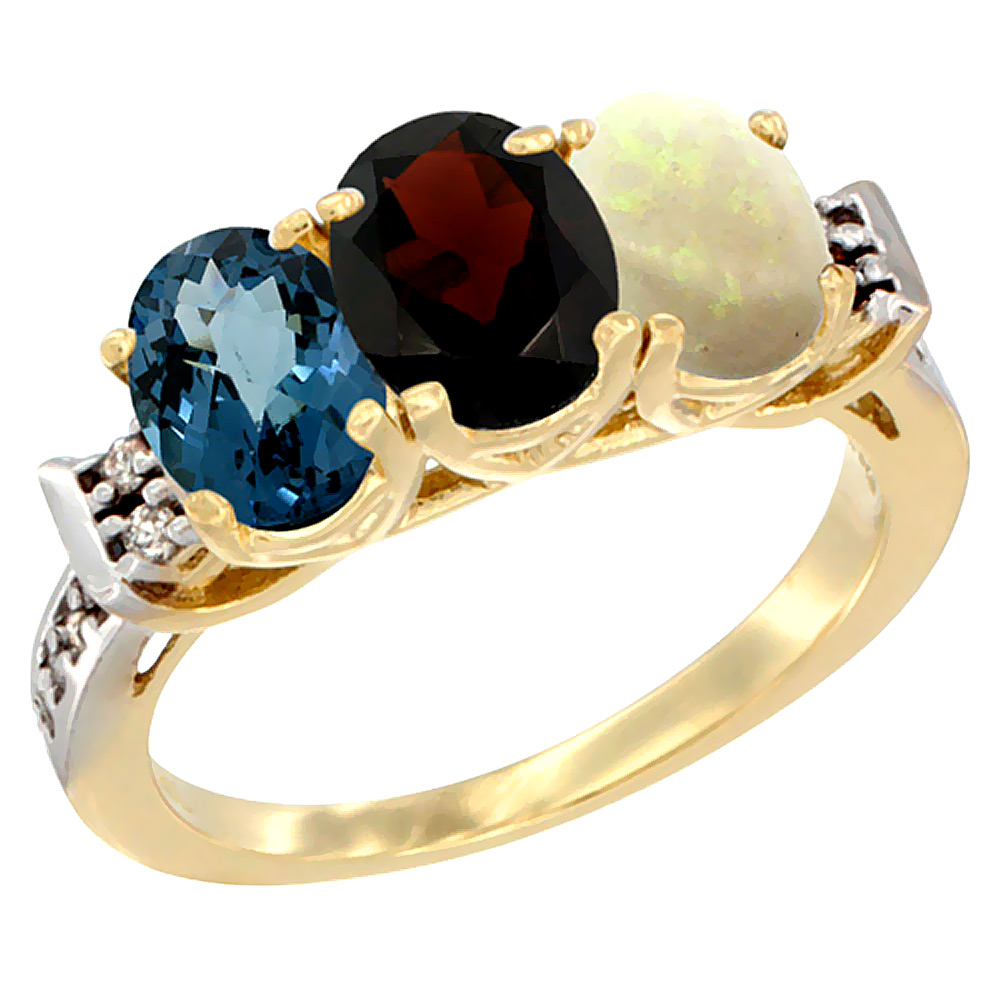 10K Yellow Gold Natural London Blue Topaz, Garnet & Opal Ring 3-Stone Oval 7x5 mm Diamond Accent, sizes 5 - 10