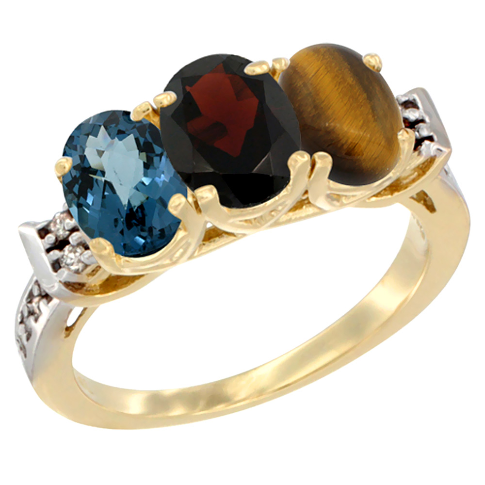 10K Yellow Gold Natural London Blue Topaz, Garnet & Tiger Eye Ring 3-Stone Oval 7x5 mm Diamond Accent, sizes 5 - 10