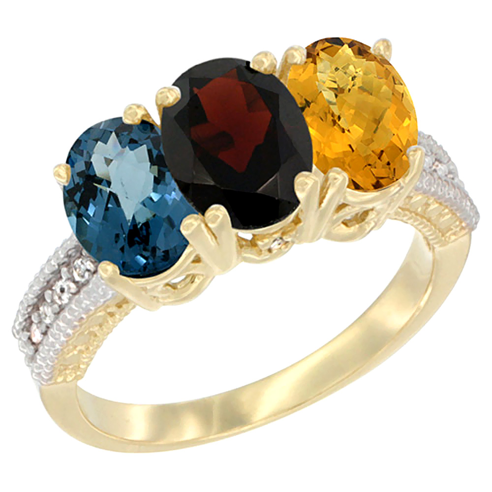 10K Yellow Gold Diamond Natural London Blue Topaz, Garnet & Whisky Quartz Ring 3-Stone Oval 7x5 mm, sizes 5 - 10