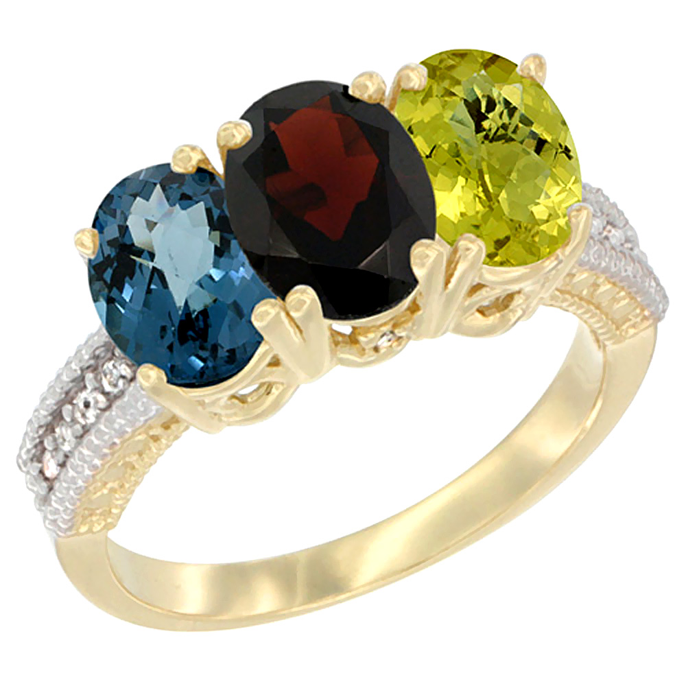 10K Yellow Gold Diamond Natural London Blue Topaz, Garnet & Lemon Quartz Ring 3-Stone Oval 7x5 mm, sizes 5 - 10