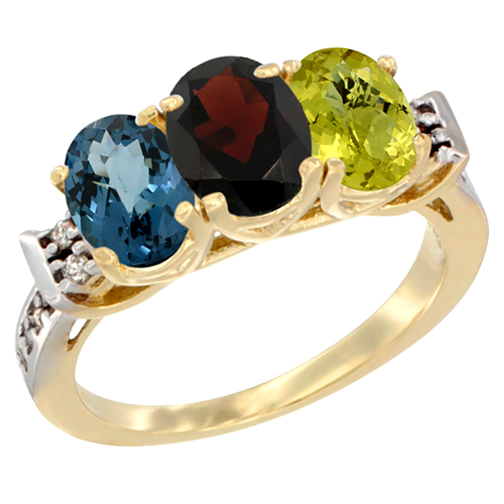 10K Yellow Gold Natural London Blue Topaz, Garnet & Lemon Quartz Ring 3-Stone Oval 7x5 mm Diamond Accent, sizes 5 - 10