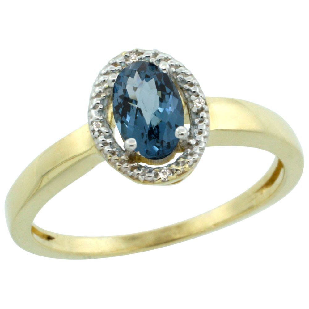 14K Yellow Gold Diamond Halo Natural London Blue Topaz Engagement Ring Oval 6X4 mm, sizes 5-10