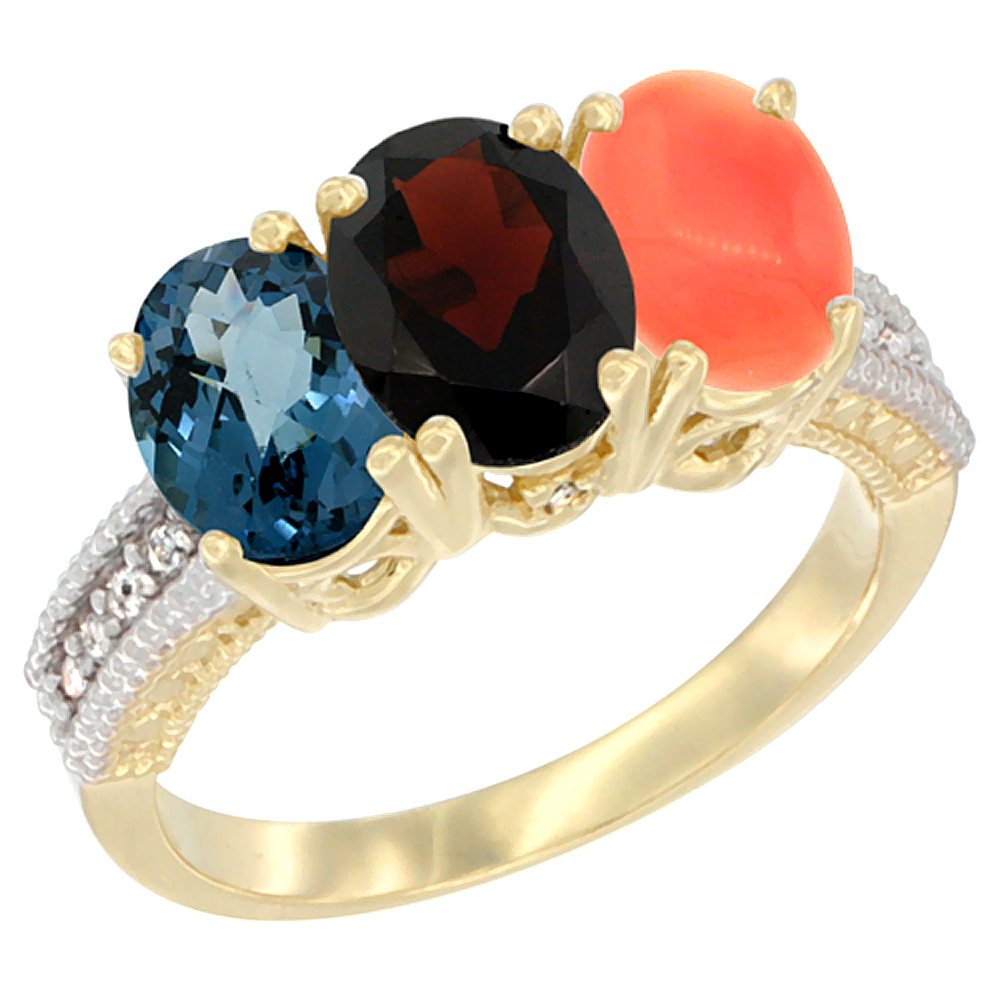 10K Yellow Gold Diamond Natural London Blue Topaz, Garnet & Coral Ring 3-Stone Oval 7x5 mm, sizes 5 - 10