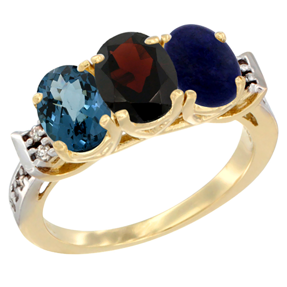 14K Yellow Gold Natural London Blue Topaz, Garnet & Lapis Ring 3-Stone 7x5 mm Oval Diamond Accent, sizes 5 - 10