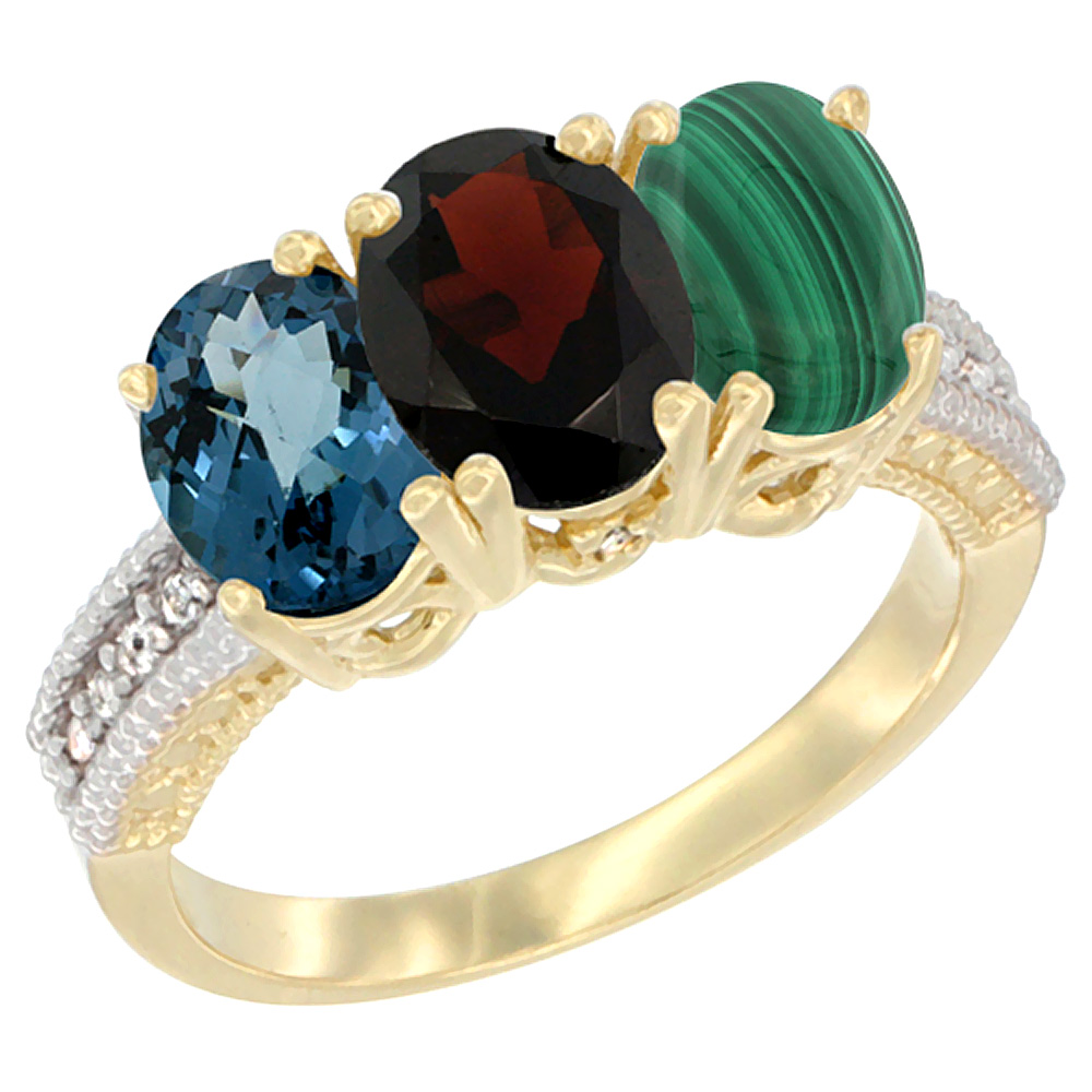 14K Yellow Gold Natural London Blue Topaz, Garnet & Malachite Ring 3-Stone 7x5 mm Oval Diamond Accent, sizes 5 - 10