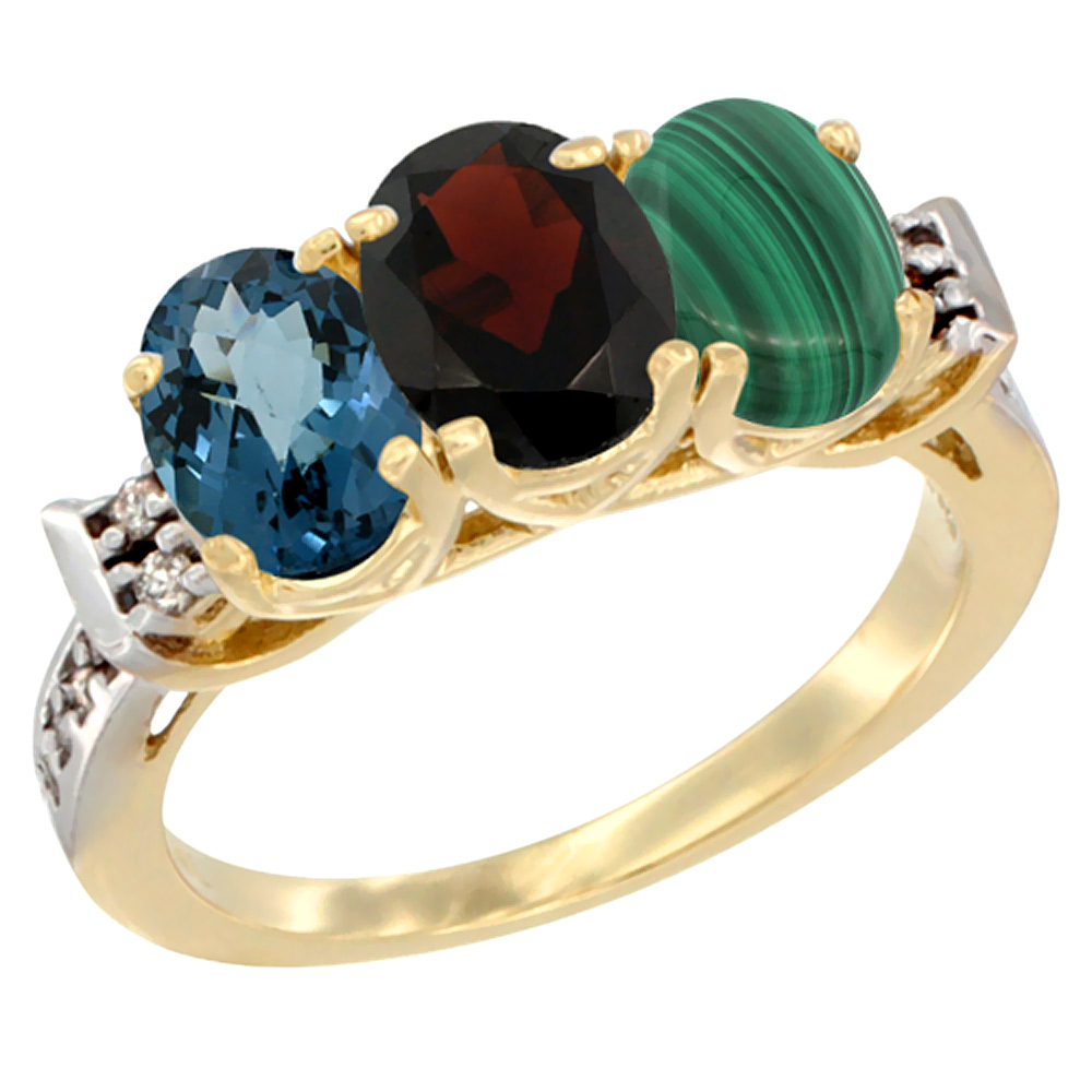 10K Yellow Gold Natural London Blue Topaz, Garnet & Malachite Ring 3-Stone Oval 7x5 mm Diamond Accent, sizes 5 - 10