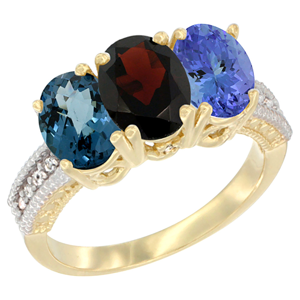 14K Yellow Gold Natural London Blue Topaz, Garnet & Tanzanite Ring 3-Stone 7x5 mm Oval Diamond Accent, sizes 5 - 10