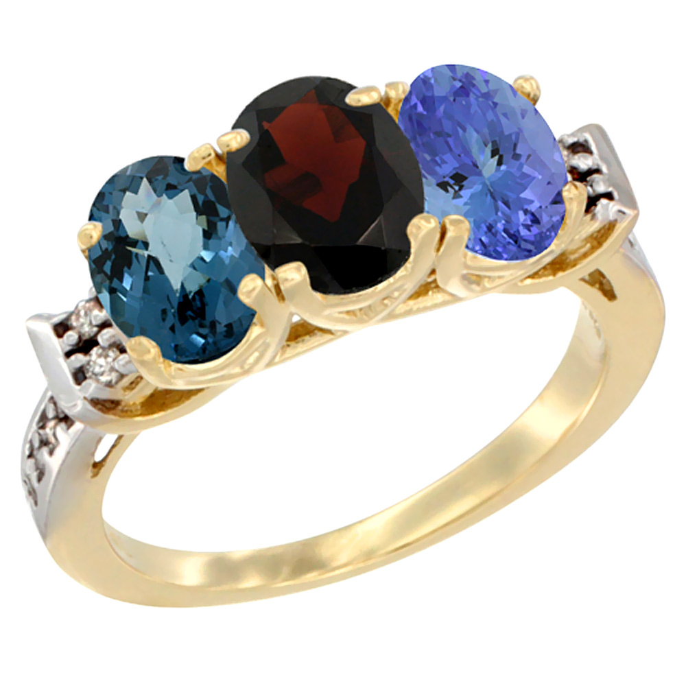 10K Yellow Gold Natural London Blue Topaz, Garnet & Tanzanite Ring 3-Stone Oval 7x5 mm Diamond Accent, sizes 5 - 10