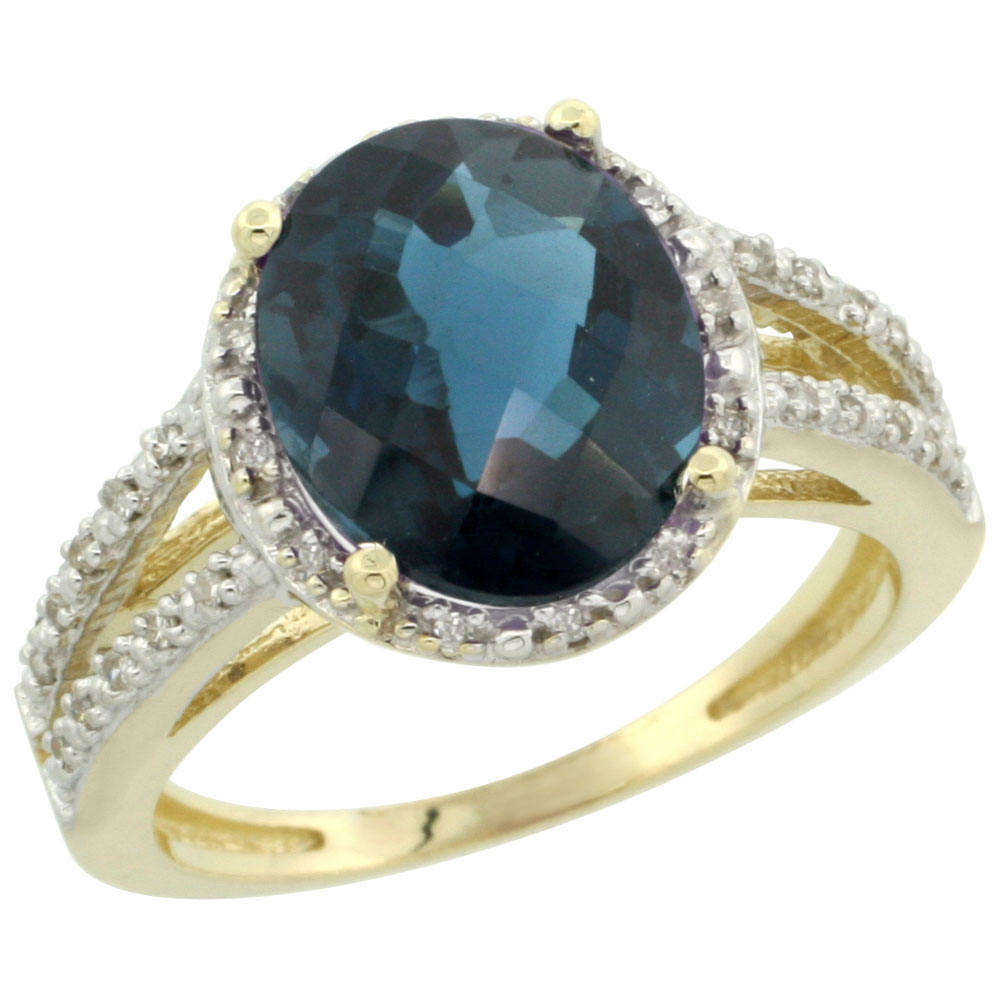 10K Yellow Gold Diamond Natural London Blue Topaz Ring Oval 11x9mm, sizes 5-10