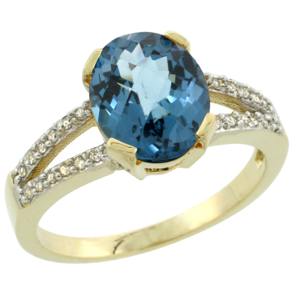 14K Yellow Gold Diamond Natural London Blue Topaz Engagement Ring Oval 10x8mm, sizes 5-10