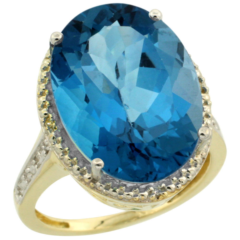 14K Yellow Gold Diamond Natural London Blue Topaz Ring Oval 18x13mm, sizes 5-10