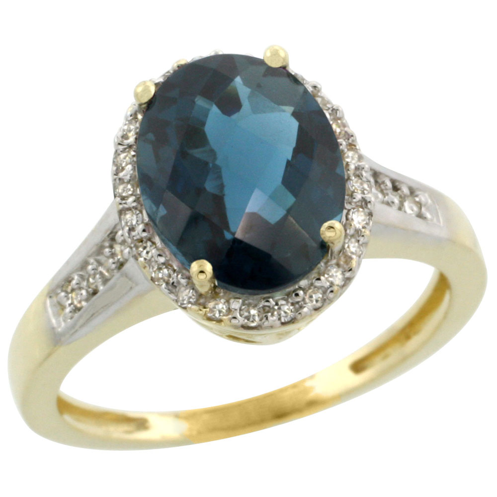 14K Yellow Gold Diamond Natural London Blue Topaz Engagement Ring Oval 10x8mm, sizes 5-10