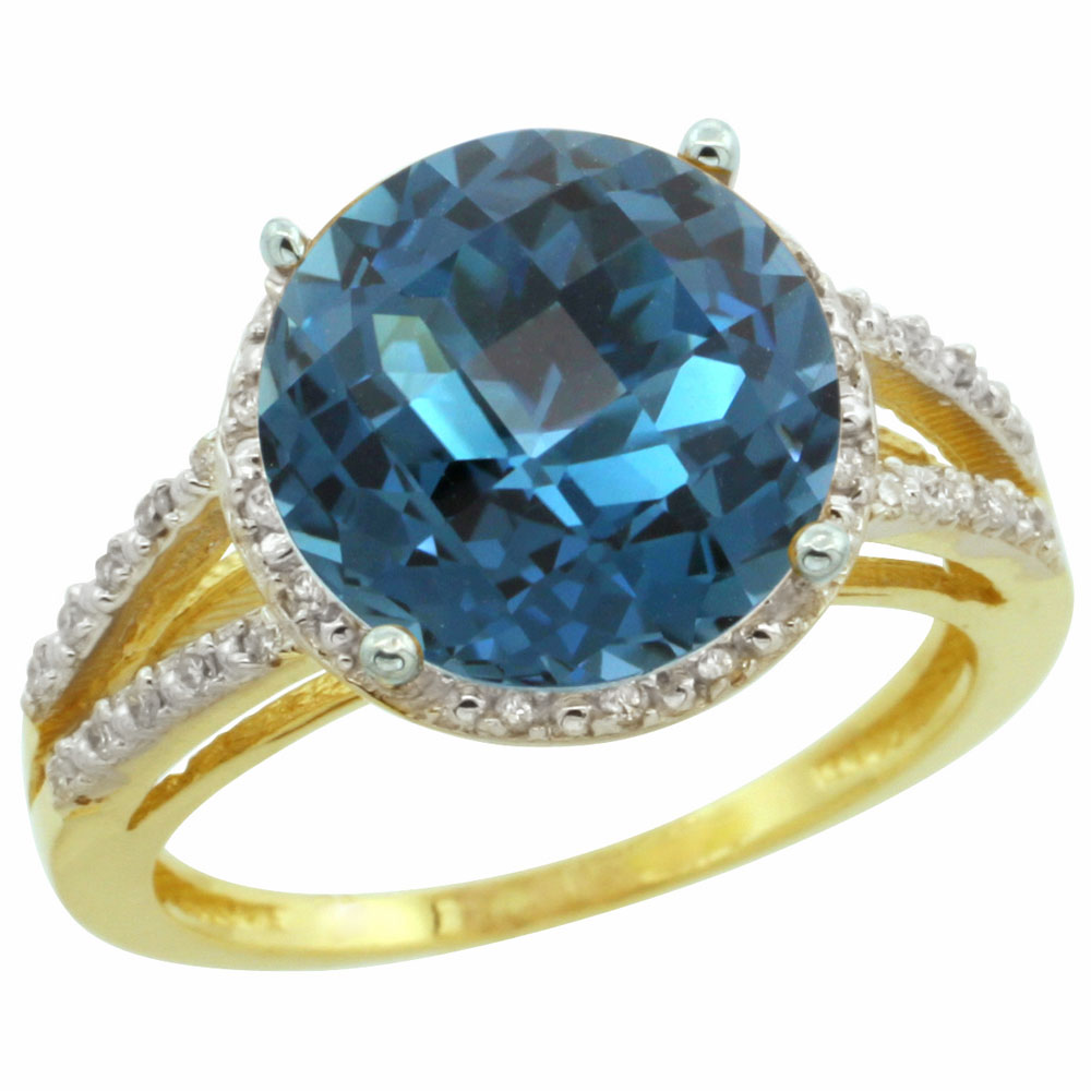 14K Yellow Gold Diamond Natural London Blue Topaz Ring Round 11mm, sizes 5-10
