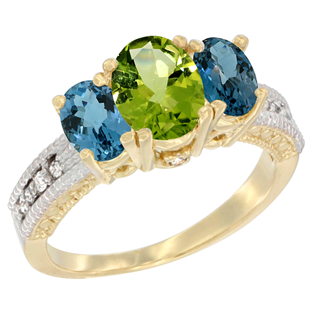 14K Yellow Gold Diamond Natural Peridot Ring Oval 3-stone with London Blue Topaz, sizes 5 - 10