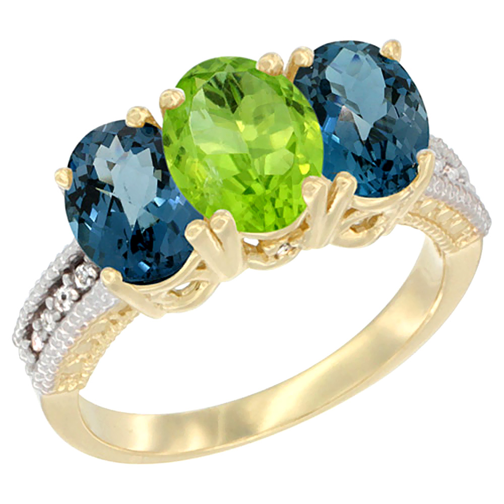 10K Yellow Gold Diamond Natural Peridot &amp; London Blue Topaz Ring 3-Stone Oval 7x5 mm, sizes 5 - 10