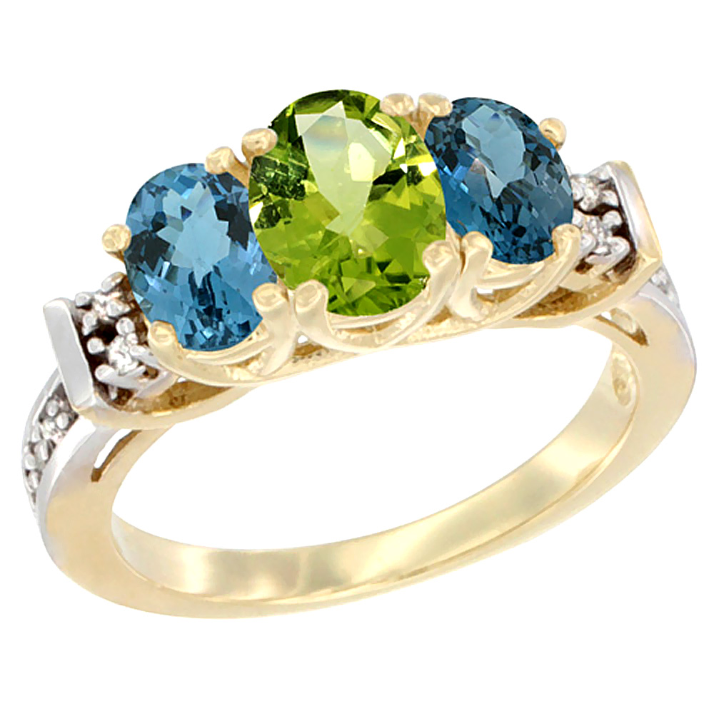 14K Yellow Gold Natural Peridot & London Blue Ring 3-Stone Oval Diamond Accent