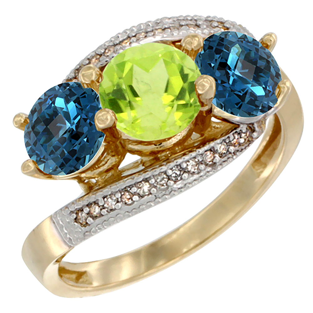 14K Yellow Gold Natural Peridot & London Blue Topaz Sides 3 stone Ring Round 6mm Diamond Accent, sizes 5 - 10