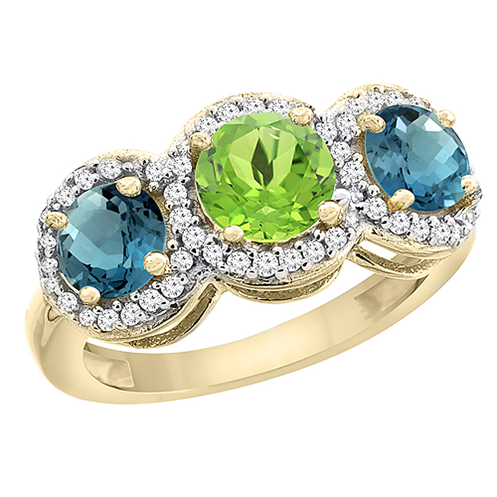 14K Yellow Gold Natural Peridot &amp; London Blue Topaz Sides Round 3-stone Ring Diamond Accents, sizes 5 - 10