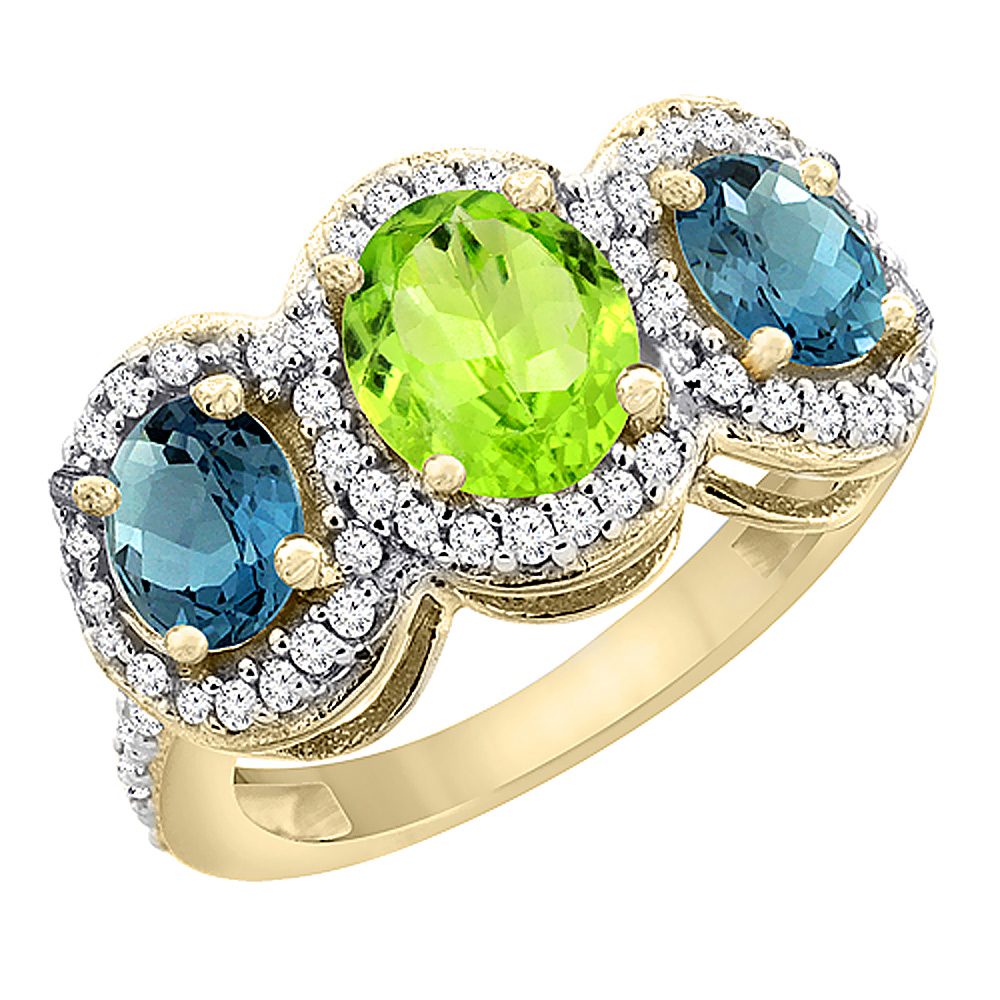 10K Yellow Gold Natural Peridot & London Blue Topaz 3-Stone Ring Oval Diamond Accent, sizes 5 - 10