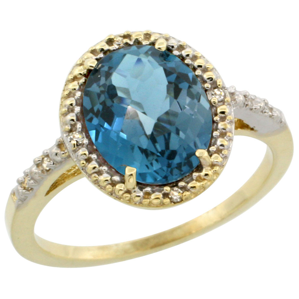 10K Yellow Gold Diamond Natural London Blue Topaz Engagement Ring Oval 10x8mm, sizes 5-10