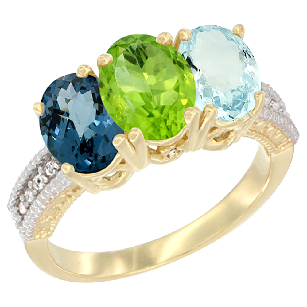 14K Yellow Gold Natural London Blue Topaz, Peridot &amp; Aquamarine Ring 3-Stone 7x5 mm Oval Diamond Accent, sizes 5 - 10