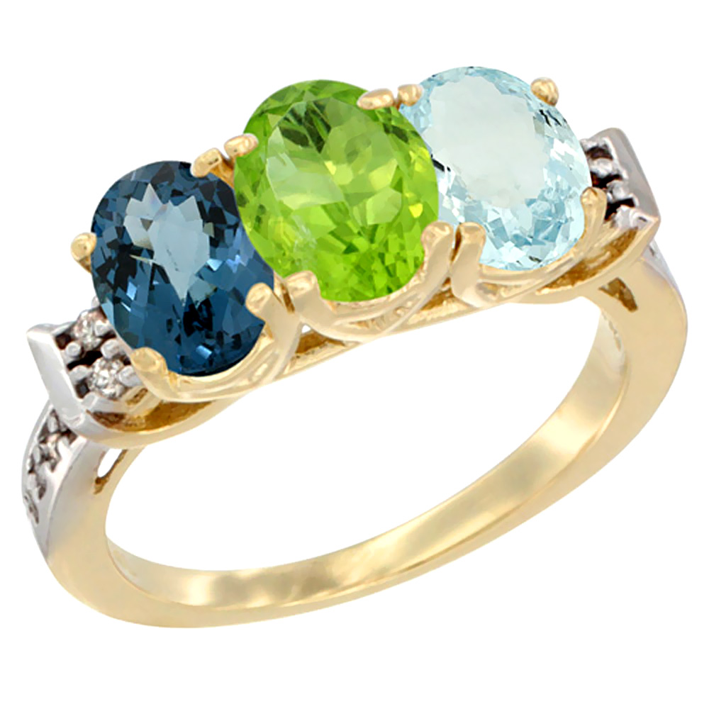 14K Yellow Gold Natural London Blue Topaz, Peridot & Aquamarine Ring 3-Stone 7x5 mm Oval Diamond Accent, sizes 5 - 10