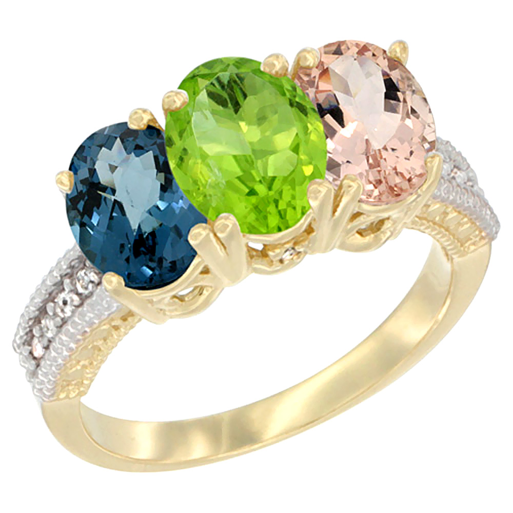 14K Yellow Gold Natural London Blue Topaz, Peridot & Morganite Ring 3-Stone 7x5 mm Oval Diamond Accent, sizes 5 - 10