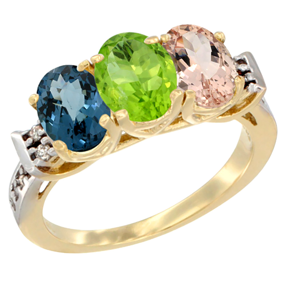 10K Yellow Gold Natural London Blue Topaz, Peridot & Morganite Ring 3-Stone Oval 7x5 mm Diamond Accent, sizes 5 - 10