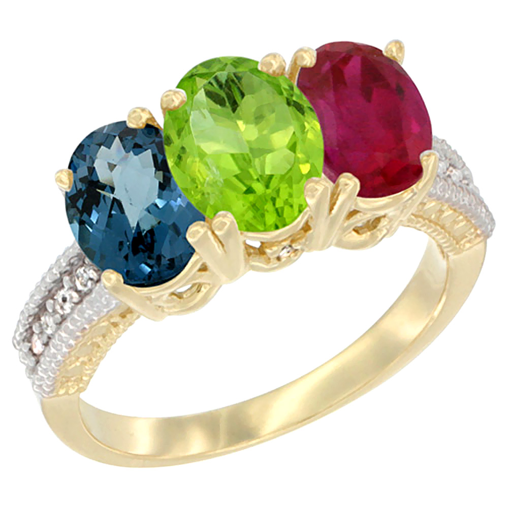 10K Yellow Gold Diamond Natural London Blue Topaz, Peridot & Ruby Ring 3-Stone Oval 7x5 mm, sizes 5 - 10