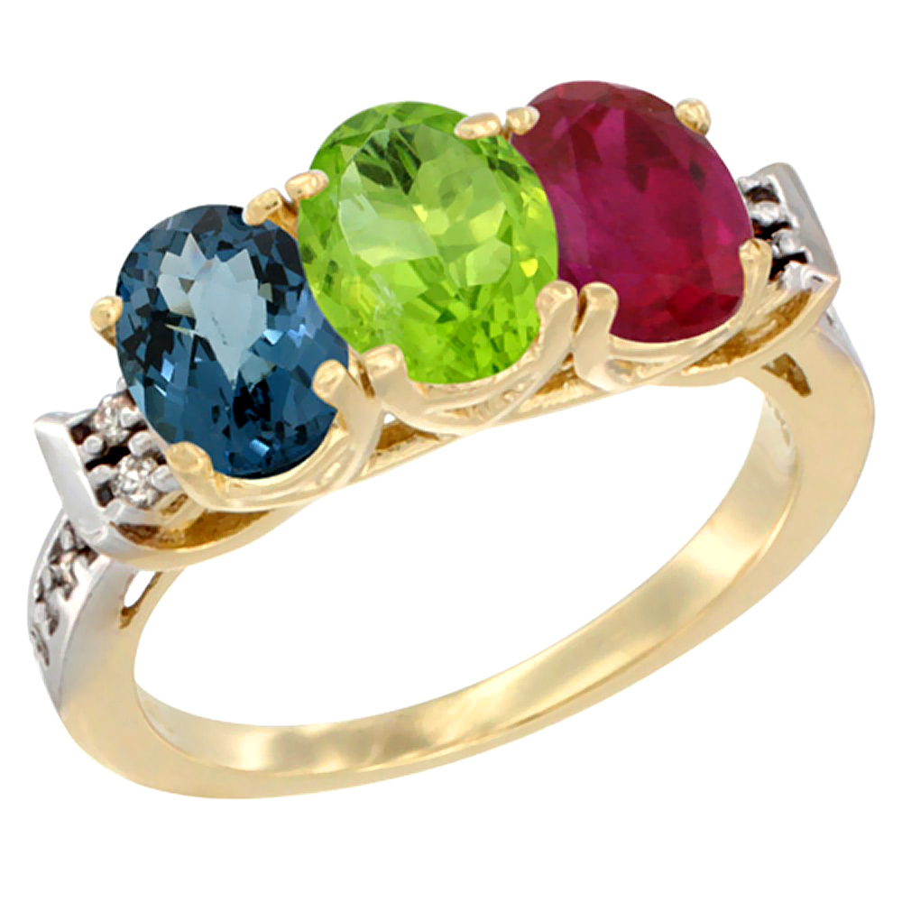 14K Yellow Gold Natural London Blue Topaz, Peridot & Enhanced Ruby Ring 3-Stone 7x5 mm Oval Diamond Accent, sizes 5 - 10